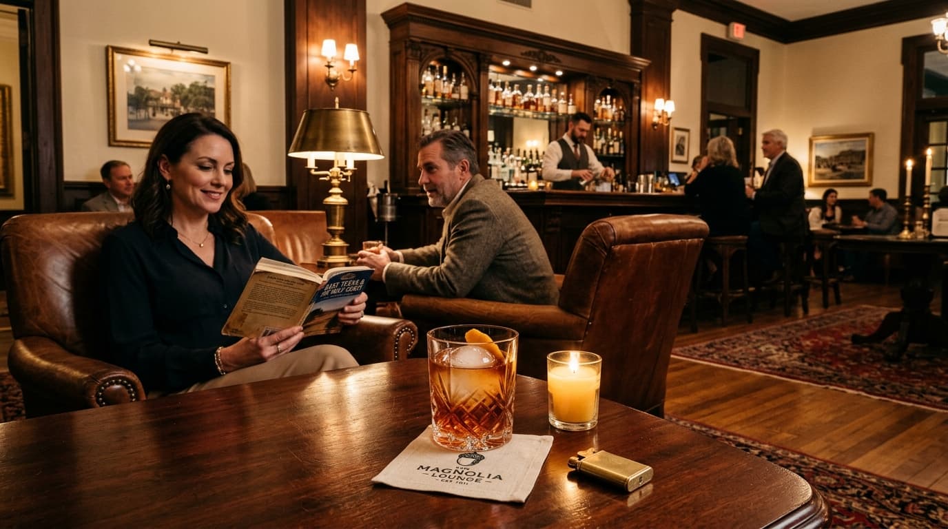 Elegant historic hotel bar lounge with vintage leather seats and high-end cocktails
