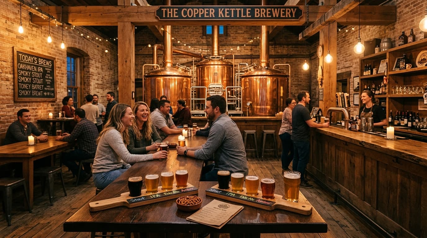 Cozy craft brewery taproom showing polished copper tanks and beer flights