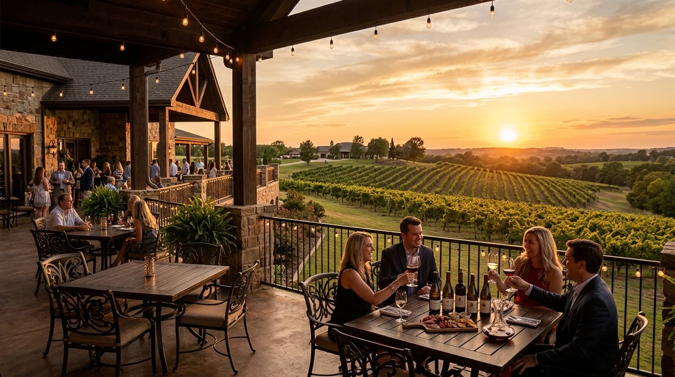East Texas winery outdoor patio overlooking beautiful grapevines during sunset