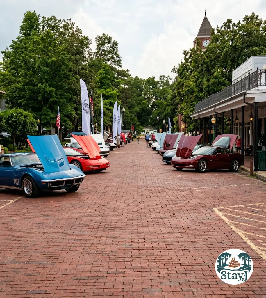 Classic cars displayed along the brick streets of downtown Jefferson, Texas