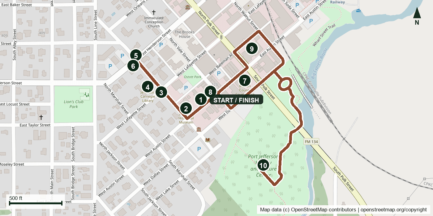 Street map of the Historic Jefferson Riverport Walk with a numbered ten-stop pedestrian route