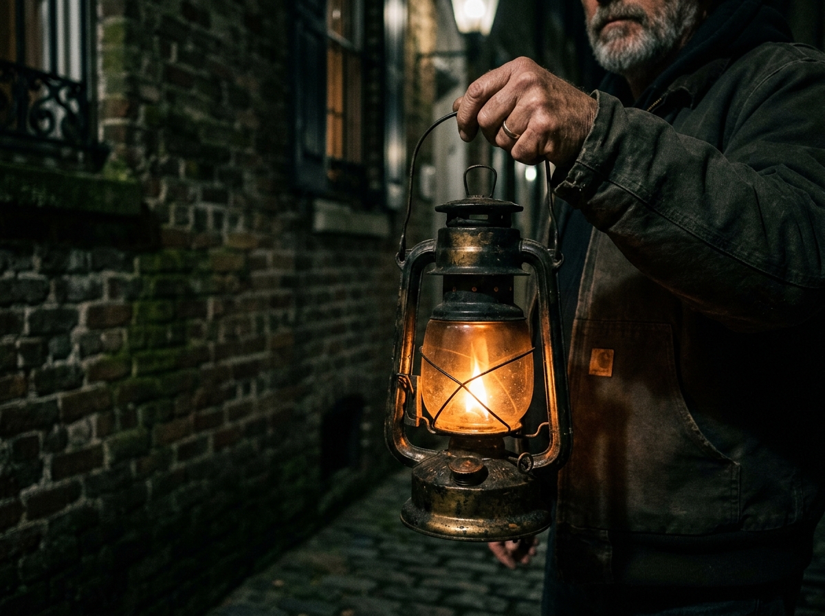 Lit vintage lantern walk guide on a historic street in Jefferson